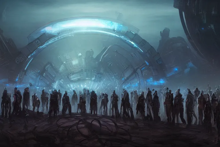 Image similar to a crowd of androids walking in a line along a spiral path towards an ancient alien portal, pilgrimage, in mad max style, stargate, coriolios rpg art style, full of details, dark sci - fi, cold blue colors, matte painting, artstation, 8 k, hyperrealistic, style of peter mohrbacher