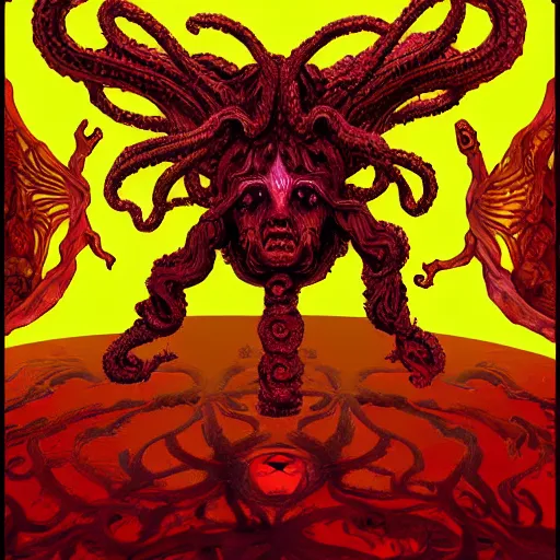 Image similar to 4K headshot of godlike Shub-Niggurath with defined arms and open hands and bloody clothes with giant mandala wings , intricate face , flawless anime cel animation by Kentaro Miura, psychedelic , highly detailed upper body , professionally post-processed , beautiful, scary, symmetry accurate features, epic, octane rendered, anime masterpiece, accurate