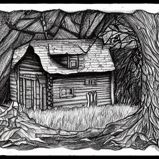 Image similar to a drawing of a Eerie cabin in the middle of the woods in the style of Albrecht Durer