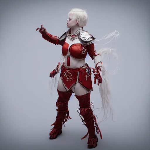 Image similar to albino girl in a ornated armor pagan facepaint, dynamic pose, detailed, photograph, award wining, red and white, trending on artstation, 4 k, unreal engine 5, octane render, neon highlights