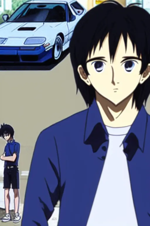 Image similar to very serious ryosuke takahashi with black hair wearing a dark blue shirt and white pants eating a cheeseburger stands leaning on his white mazda rx 7, initial d anime screenshot, initial d anime 1 0 8 0 p, detailed anime face, high detail, 9 0 s anime aesthetic