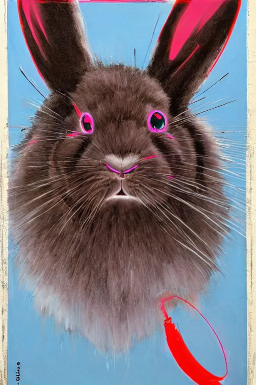 Image similar to portrait of neon fur rabbit with red eyes and a machine gun , 8k, highly detailed, sharp, realistic, in style of Brom