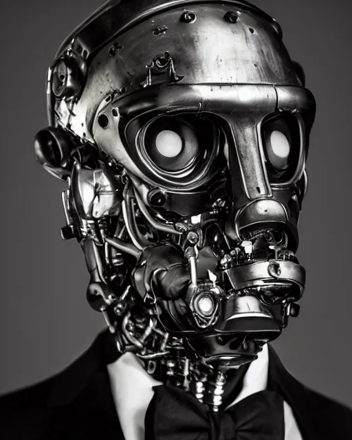 Image similar to Eddie Mendoza portraits of a anthropomorphic-robot cyber-face techno mask in black tie suit retro photo by Louis Daguerre