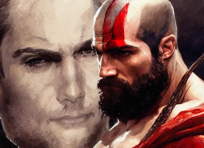 Image similar to a highly detailed beautiful portrait of henry cavill as kratos, by gregory manchess, james gurney, james jean