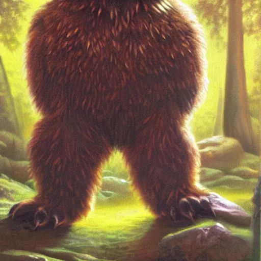 Image similar to three quarter portrait of an owlbear in the forest, d & d, fantasy, boris vallejo,