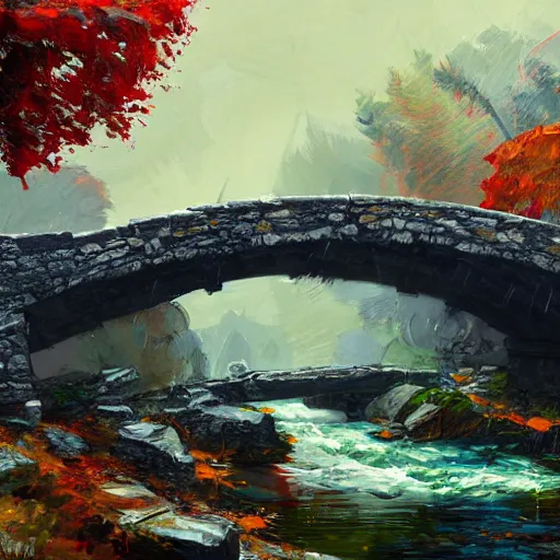 Image similar to acrylic painting, impressionism and expressionism, bold colors, expressive brushstrokes. a stone bridge over a river in riverwood, skyrim. raining. wide - angle shot. overcast. springtime. fantasy art by wadim kashin, cgsociety, nature art