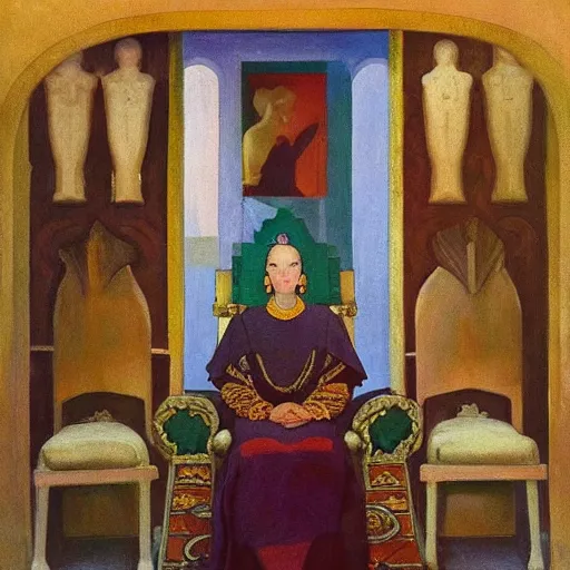 Prompt: an oil painting a queen standing in a throne room by nicholas roerich, by gustave moreau, by james hawe, by frank frazetta, by georgia o keeffe, oil painting