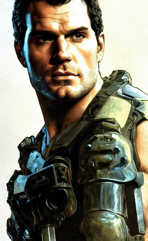 Image similar to portrait of henry cavill as chris redfield, resident evil, pistol, upper body, henry cavill!!!, fantasy, intricate, elegant, highly detailed, digital painting, artstation, concept art, smooth, sharp focus, illustration, art by artgerm and greg rutkowski and alphonse mucha