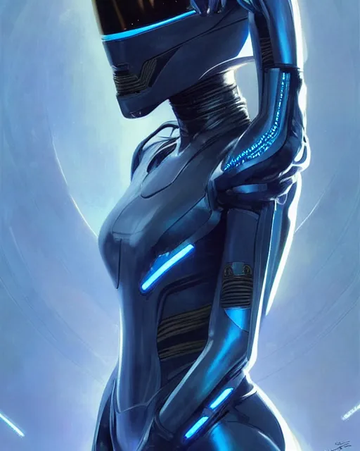 Image similar to Portrait of very very very very very very beautiful black woman, spacesuit, futuristic cybernetic helmet, blue eyes, real life skin, intricate, elegant, highly detailed, artstation, concept art, smooth, sharp focus, art by artgerm and greg rutkowski and alphonse mucha