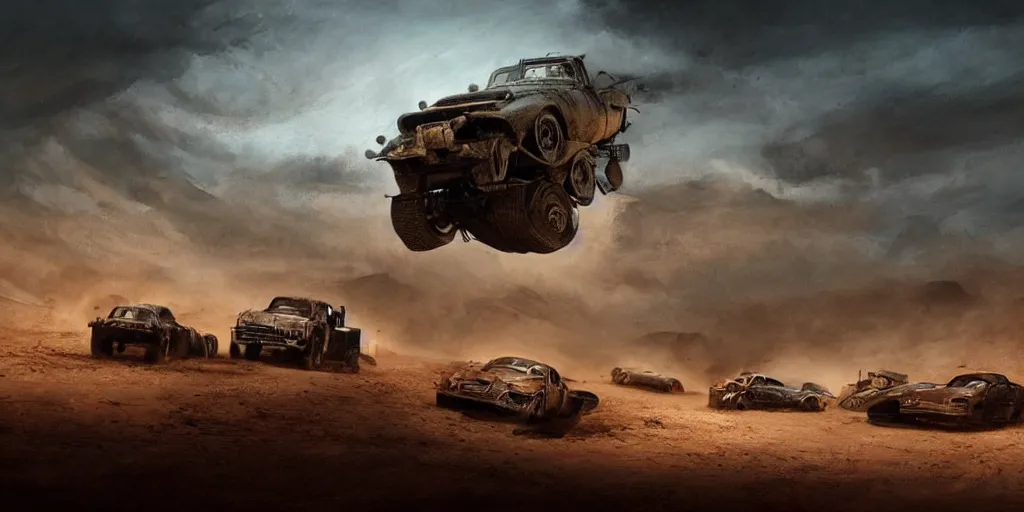 Image similar to an environmental concept art from mad max fury road, cars speeding through the desert, highly detailed, cinematic, dramatic lighting by francis tneh