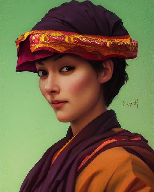 Prompt: dalai llama, oil on canvas, artstation, by j. c. leyendecker and edmund blair leighton and charlie bowater, octane, very aesthetic!!!!!!!!!!!!!!! stunning gorgeous green eyes