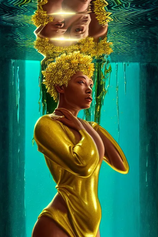 Image similar to illustration neo - renaissance cinematic super expressive! oshun goddess with water armor, staring at herself in a liquid mirror, gold flowers, highly detailed digital art masterpiece, smooth etienne sandorfi eric zener dramatic pearlescent soft teal light, ground angle uhd 8 k, sharp focus