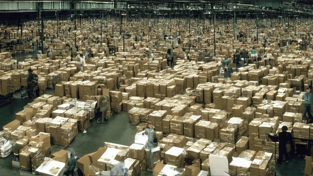 Image similar to Gremlins in Amazon warehouse packaging facility packing Amazon rainforest into Amazon packages, film still from banned media Gremlins 3 New World Order, directed by Joe Dante, Nathan Fielder, Groucho Marx and REDACTED