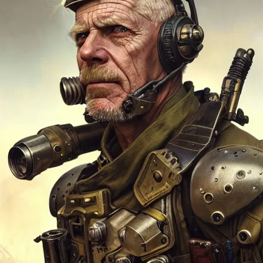 Image similar to portrait painting of a post - apocalyptic blonde older male soldier wearing dieselpunk power armor, ultra realistic, concept art, intricate details, eerie, highly detailed, photorealistic, octane render, 8 k, unreal engine. art by artgerm and greg rutkowski and charlie bowater and magali villeneuve and alphonse mucha