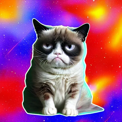 Image similar to A grumpy cat sitting on the planet earth in space, digital art