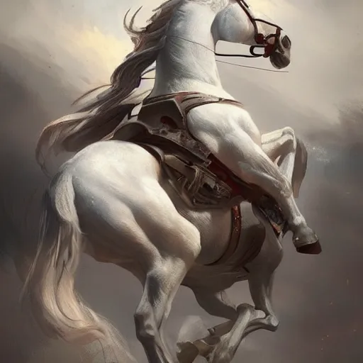 Image similar to a white horse The one who rode him carried arrows and a bow in his hand, and they gave him a crown, digital Art, Greg rutkowski Trending artstation