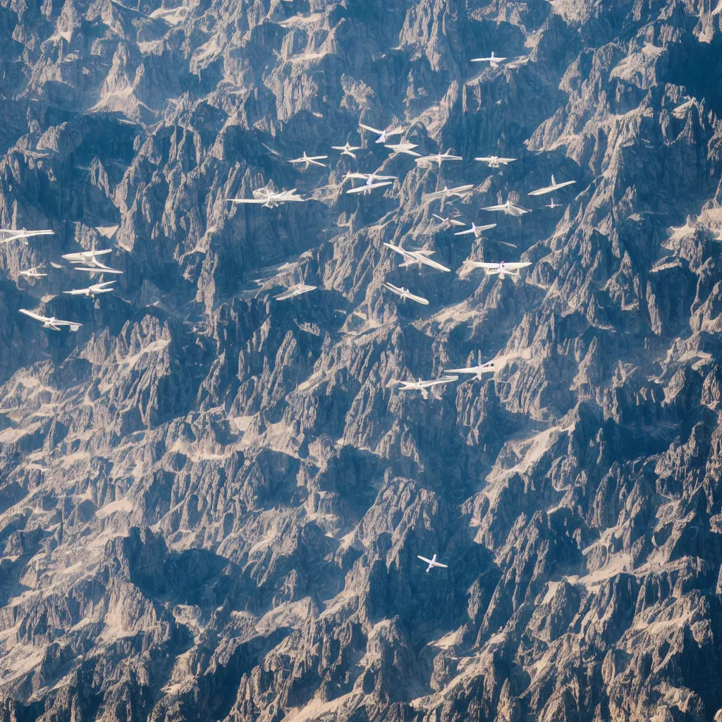 Image similar to sky parade of zeppelins flying over swirling dolomites, birds eye view, casting shadows, light rays