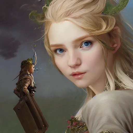 Prompt: elf fairy blond with a beautiful face, with a loot on their back, wearing a cardigan, highly detailed, intricate, digital painting, artstation, sharp focus, illustration, art by jakub rozalski, greg rutkowski, artgerm, tan zi and ayanamikodon and alphonse mucha and wlop