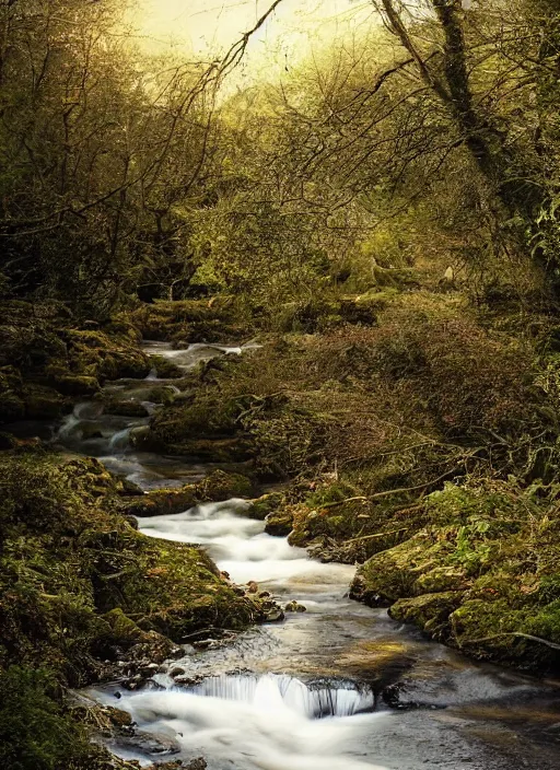 Image similar to there is a place in wales, tucked out of view magic happens, only seen by a few. for just one day, for only just one hour. the last summer's day break at gelli aur. there you must follow a winding trout stream. search all the oaks with a tiny light beam, inspired by jessica rossier and charlie bowater