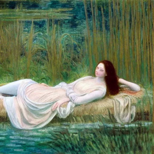 Image similar to breathtaking masterpiece of art, elizabeth eleanor siddall as ophelia laying down in water floating down the river amongst the reeds fully covered in robes fully clothed in flowing medieval robes by rosetti and monet, 8 k