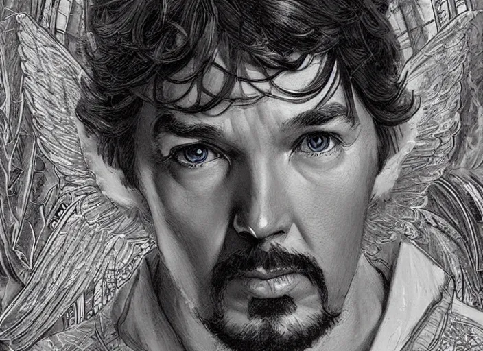 Image similar to a highly detailed angelic portrait of stephen strange, james gurney, james jean