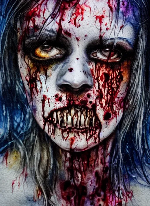 Image similar to zombie hollywood professional acting headshot, hyperrealism, intricate detailed, studio lighting, charming expression gesicht, hauntingly beautiful zombie, watercolor art, drawn and painted, colored layers, dulled contrast, exquisite fine art, splatterpaint