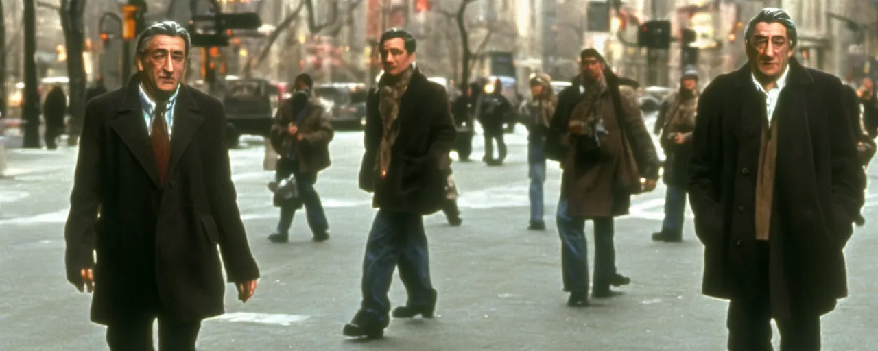 Prompt: a film still of a giant Robert de Niro strolling down fifth Avenue high quality .