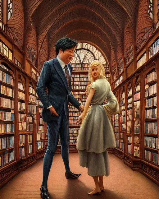 Prompt: michael mcintyre & a blonde lady at livraria lello, real life skin, intricate, highly detailed, artstation, concept art, smooth, sharp focus, art by artgerm and greg rutkowski