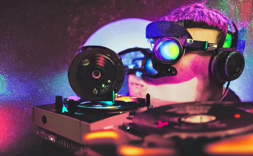 Image similar to a person wearing goggles and visor and headphones using a retro record player contraption, wires and tubes, turntablism dj scratching, intricate planetary gears, cinematic, imax, sharp focus, leds, bokeh, iridescent, black light, fog machine, hazy, lasers, hyper color digital art