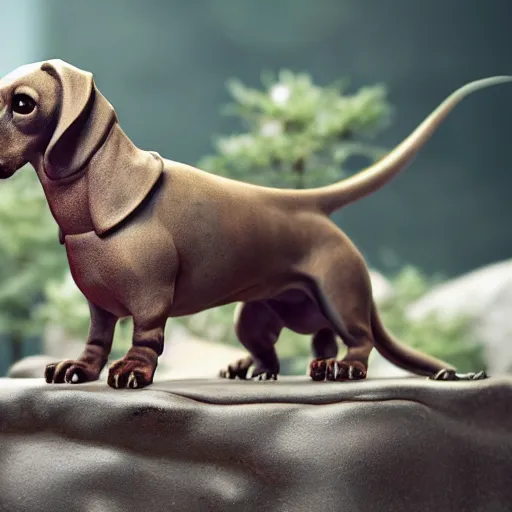 Image similar to Dachshund bonsai, the god of small scissors!!, pitchburn devils!, security rhox, sauroform hybrid, forbidding spirit!!, guardian project, hackrobat!!!, cinematic, hyper realistic, detailed, 8k, octane render.