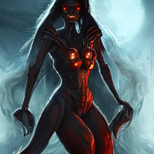 Prompt: hot humanoid insect woman, toned build, wearing armor, large mosquito wings, evil smile and glowing eyes, burning world, dark art, digital art, artstation, concept art, 4 k, 8 k