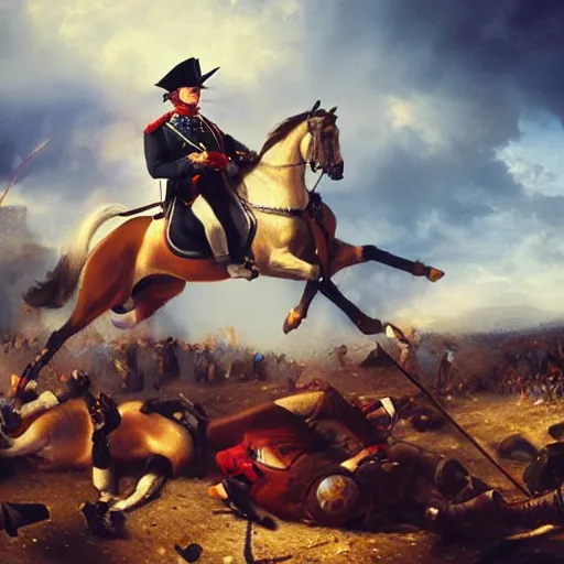 Image similar to gopro picture of napoleon on his horse fighting in waterloo, trending artstation, hyper realistic, very detailed, dramatic scene, realistic lighting, anime, 4 k