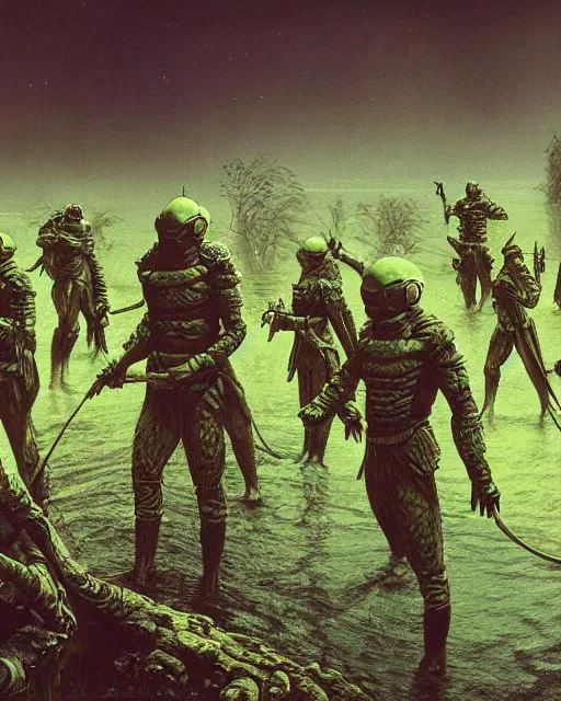 Image similar to group of sardaukar soldiers in a chlorine swamp, green hour, retrofuturism sci - fi old movie, highly detailed, photorealistic, 8 k, by beksinski and stalenhag