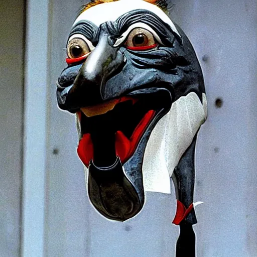 Image similar to The Joker in the dark knight wearing a latex shoebill stork mask