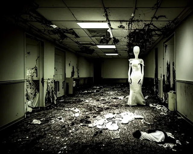Image similar to creepy mangled woman wearing white dress standing in the backrooms, the eerie forlorn atmosphere of a place that's usually bustling with people but is now abandoned and quiet, buzzing fluorescent lights above the ceiling, unsettling images, liminal space, dark,