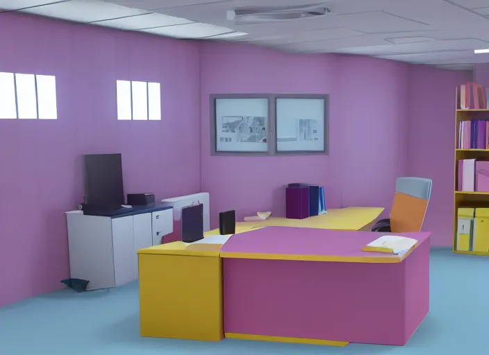 Image similar to steven universe inspired stanley parable office, colorful render in blender 3 d, normal workplace office, uhd, pastel 8 0 s, stylized