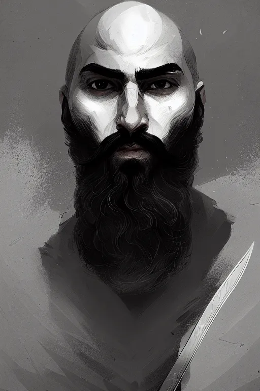 Image similar to Arab man light beard, bald, swordsman, modern, hero, black and white, highly detailed, digital painting, artstation, concept art, sharp focus, illustration, by greg rutkowski