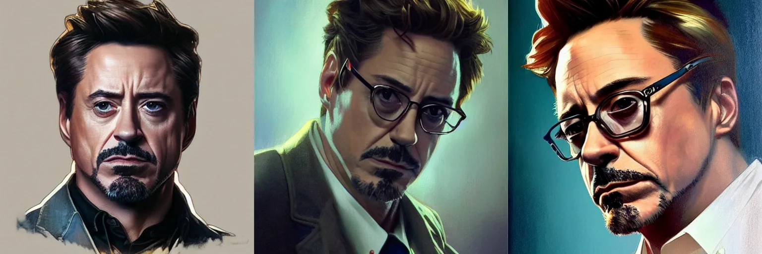 Prompt: portrait of Robert Downey Jr. as a detective, highly detailed, digital painting, artstation, concept art, sharp focus, illustration, art by artgerm and greg rutkowski and alphonse mucha