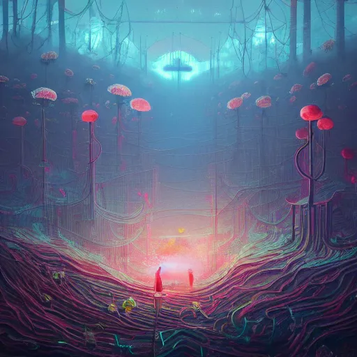 Image similar to beautiful painting of lights and corals blooming in the white mind\'s city in the style of Simon Stålenhag and H. R. Giger, detailed, trending on Artstation