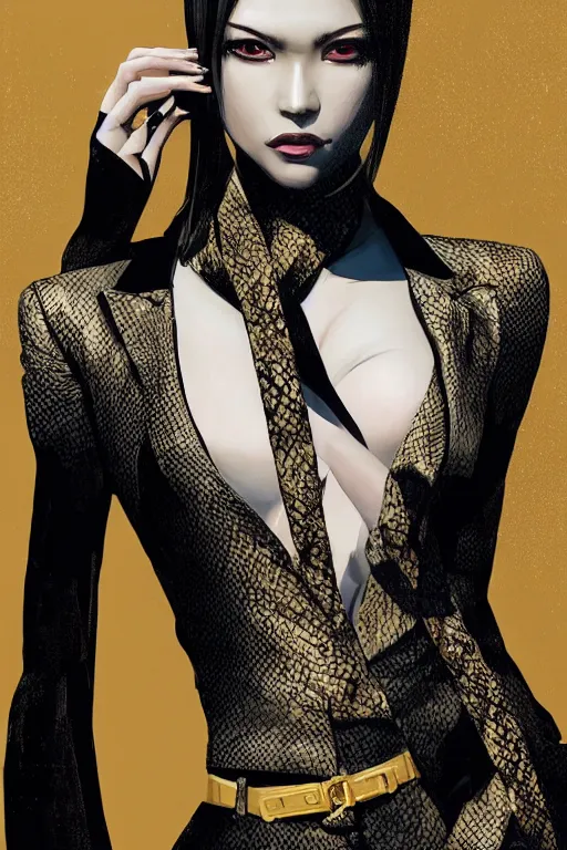 Prompt: yakuza slim girl, gold suit jacket in snake print, jacket over bare torso, yakuza tattoo on body, realistic bare female chest skin anatomy, black short curtain haircut, black leather pants with black belt, portrait, elegant, 2d, ultra highly detailed, digital painting, smooth, sharp focus, artstation, art by Ilya Kuvshinov, rossdraws