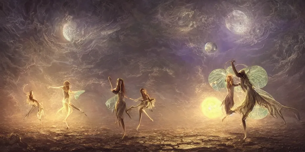 Image similar to concept art of translucent glowing fairies dancing, lovecraftian, renaissance, melting, round moon, rich clouds, fighting the horrors of the unknown, moon rocks, very detailed, volumetric light, mist, fine art, decaying, textured oil over canvas, epic fantasy art, very colorful, ornate intricate shiny scales
