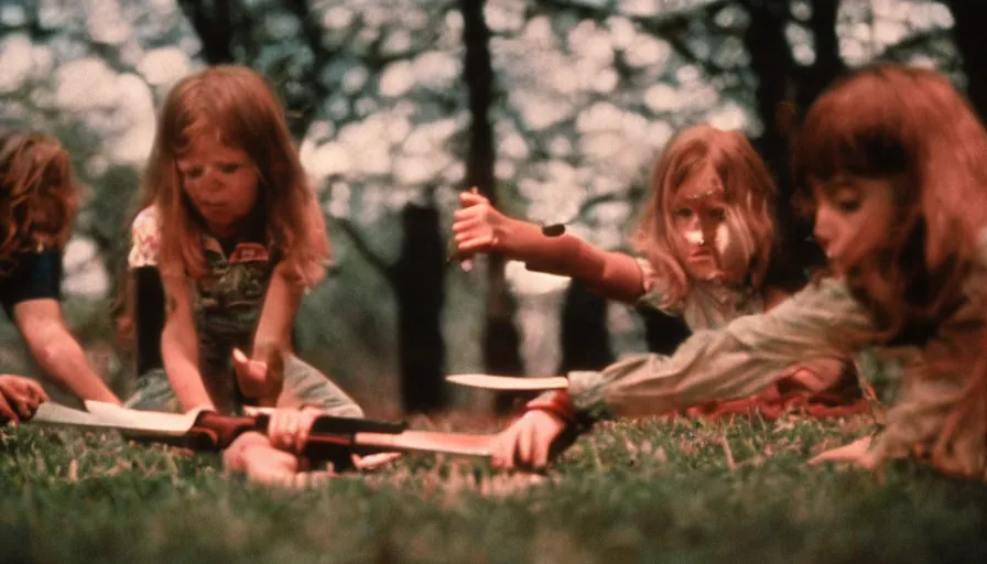 Image similar to 7 0 s film still from a horror movie about children playing with knives and guns, kodachrome, cinecolor, cinestill, film grain, film texture, retro, cinematic, high resolution, photorealism,