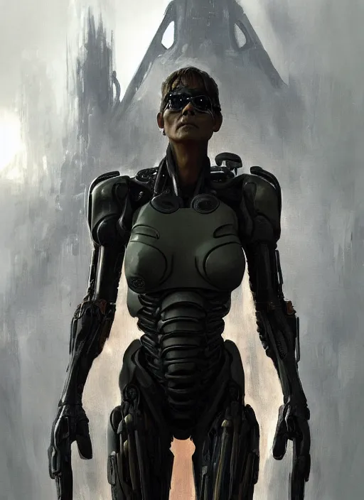 Prompt: halle berry as victor stone, full body concept, cyborg, borg, strogg, face of a man, terminator, flesh, quake strogg, doom demon, wolfenstein, monstrous, powerful, symmetry, symmetrical, concept art by ruan jia and greg rutkowski