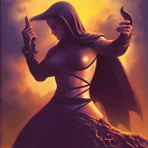 Image similar to Natalie Portman, Michael Whelan, frank Frazetta, artstation, Dio album art