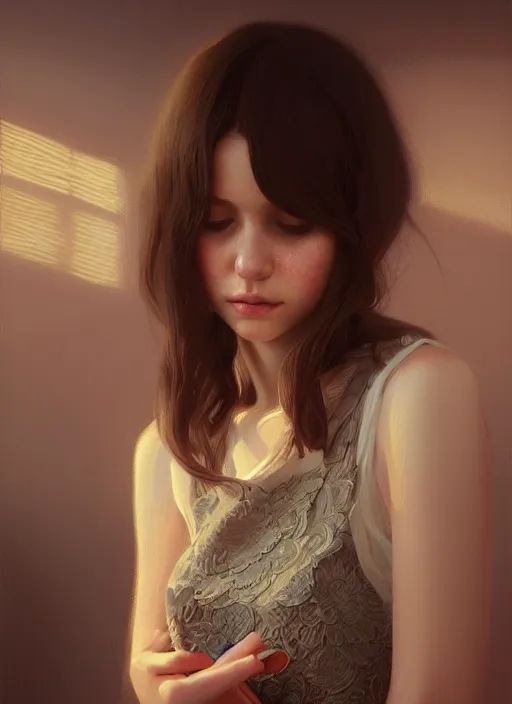 Prompt: a beautiful brown - haired girl with a summer dress in restaurant, intricate, elegant, highly detailed, digital painting, artstation, concept art, smooth, sharp focus, illustration, ethereal, misty, by ilya kuvshinov and jeremy mann, 8 k, octane render