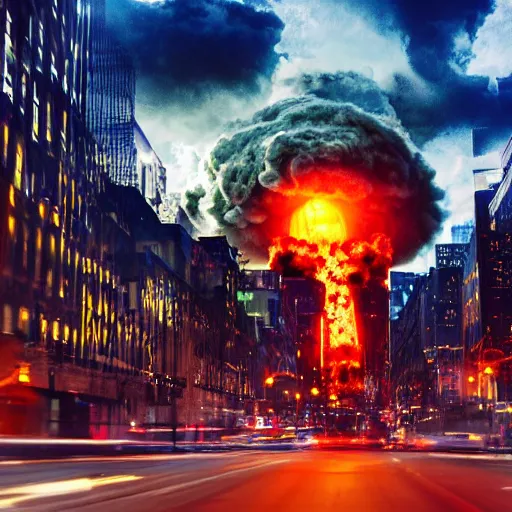 Prompt: centered action photography shot of extremely detailed hyper realistic nuclear bomb explosion in a city, professional film photography, 8 k, cinematic framing,