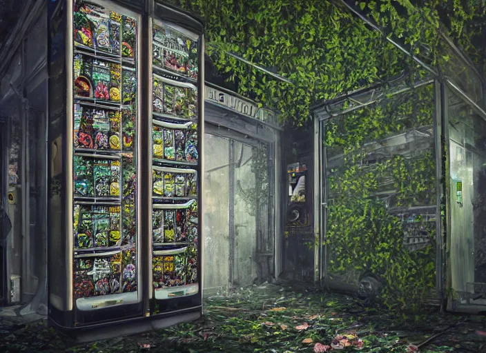 Prompt: overgrown vending machine in an abandoned shopping mall, big trees, overgrown by flower, vines, at night, rays of moonlight, hyperrealistic, highly detailed, oil painting, intricate, cgsociety, artstation, 8 k, cinematic, muted colors, smooth, sharp focus, by greg rutkowski, by wlop, by artgerm