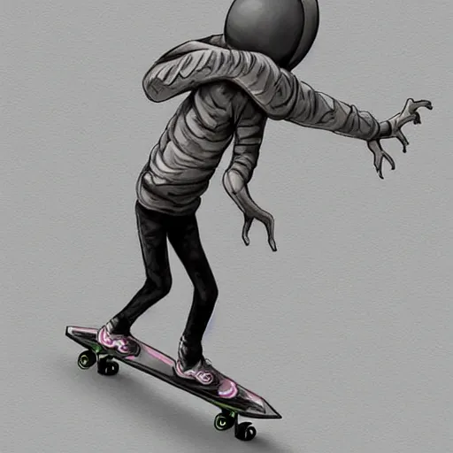 Prompt: Grey Alien Skateboarding in public, White pixiv artist WLOP artstation artist Mam BA artstation real photo very detailed