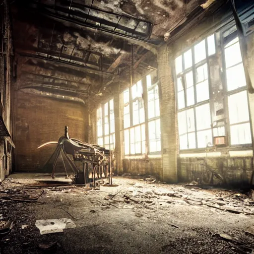 Prompt: abandoned steampunk factory with a cello, cinematic light,