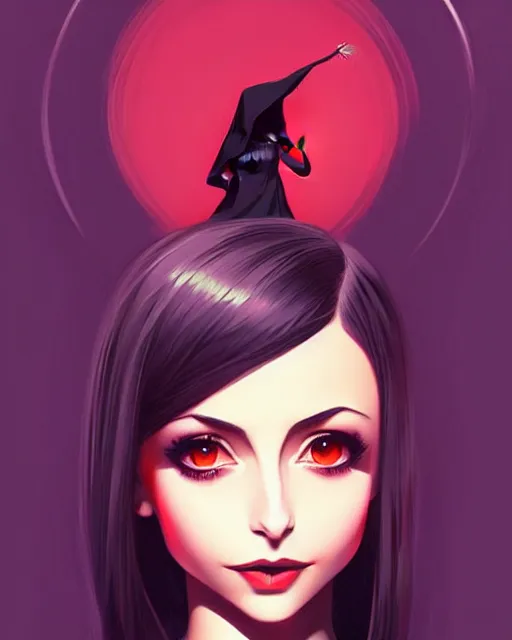 Prompt: style of ilya kuvshinov, artgerm : : gorgeous willa holland : : evil witch, swirling black magic, black dress : : symmetrical face, symmetrical eyes : : full body pose : : gorgeous black hair : : magic lighting, low spacial lighting : :